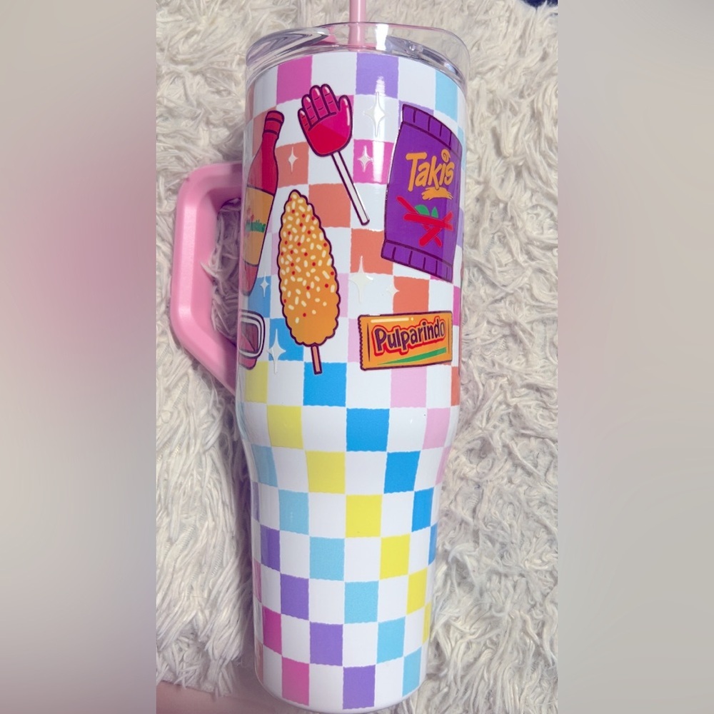 Colorful Checkered Tumbler with Mexican snacks